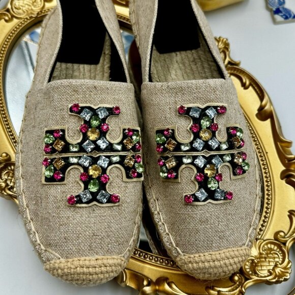 🆕 TORY BURCH 🧿 NWOT Ines Linen & Leather Bejewelled Espadrilles - Size 8 - Picture 4 of 10